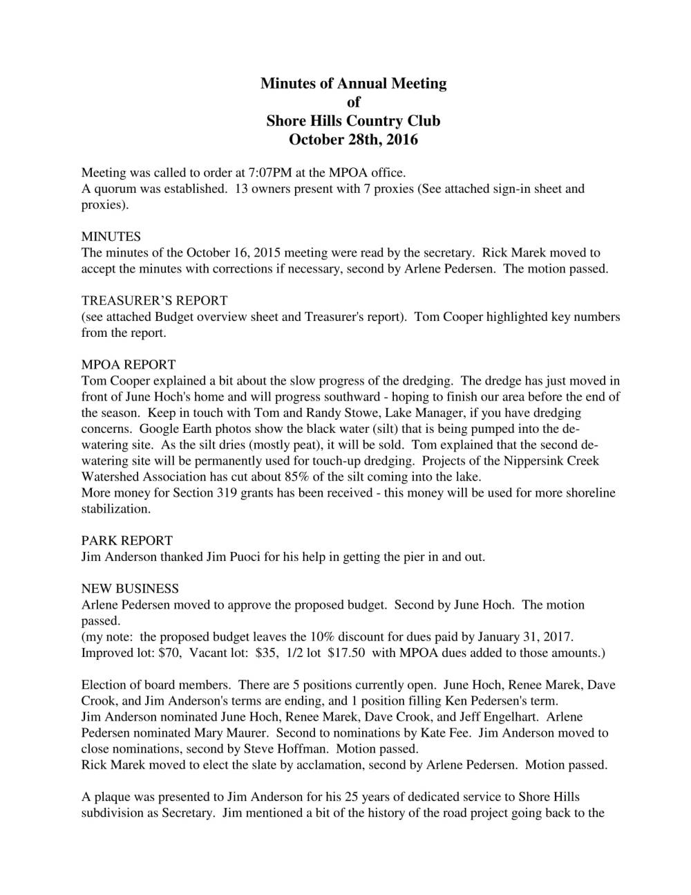 Shore Hills Country Club - Minutes of Annual Meeting - 10-28-16-1